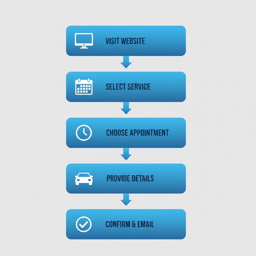 Vertical process flow diagram illustrating five steps to schedule Chevrolet service online, with icons for each stage.