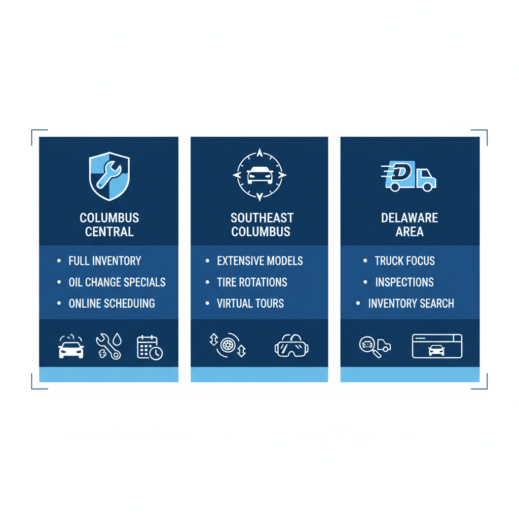 Infographic comparing features of three Chevrolet dealerships in the Columbus, Ohio area including locations, services, and specialties.