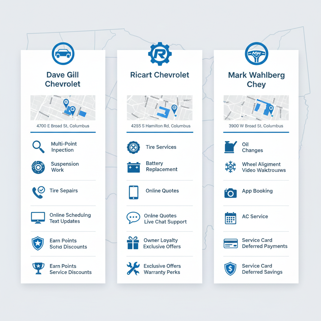 Infographic comparing Chevrolet service providers Dave Gill, Ricart, and Mark Wahlberg in Columbus Easton area