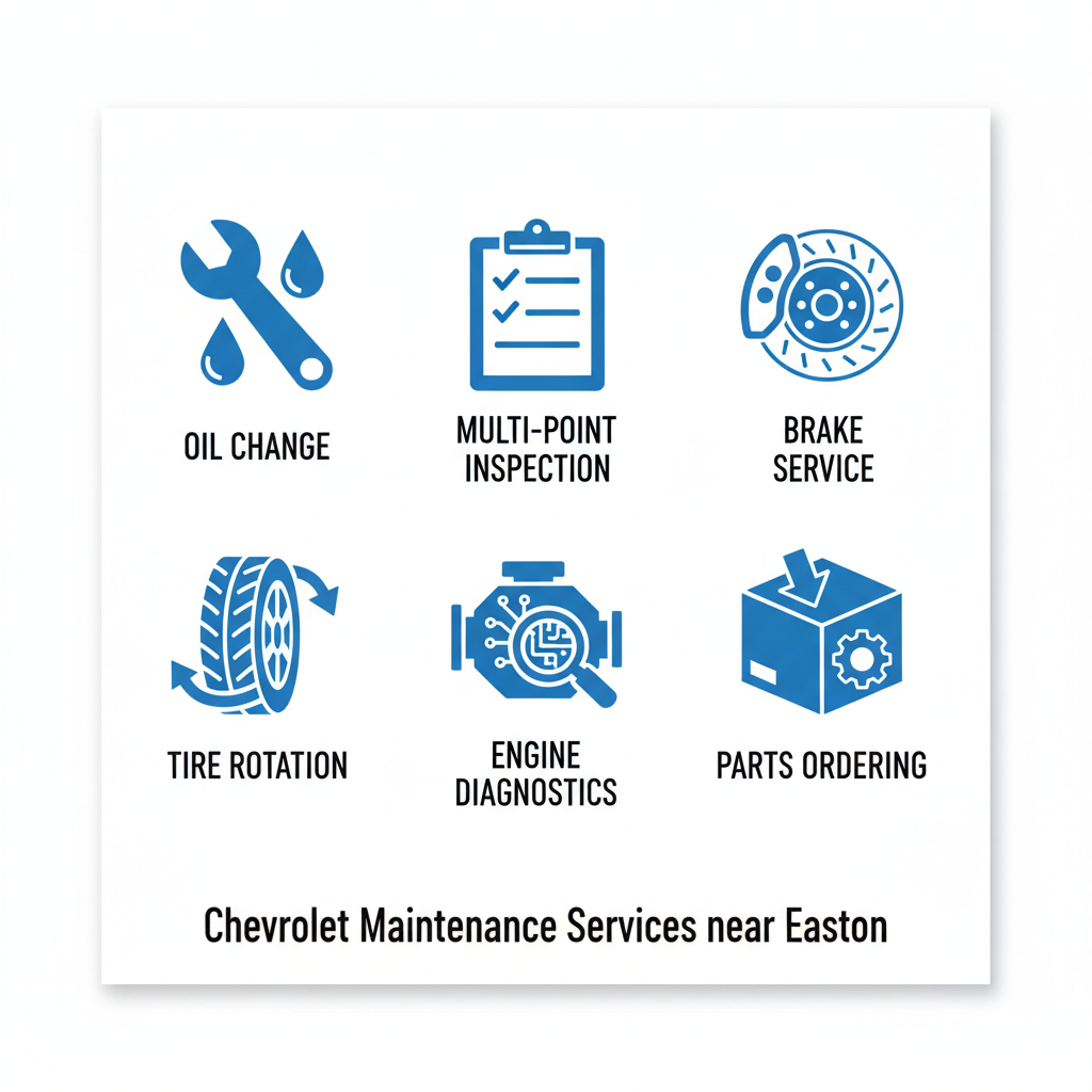 Grid of six icons representing Chevrolet maintenance services: oil change, multi-point inspection, brake service, tire rotation, engine diagnostics, and parts ordering.