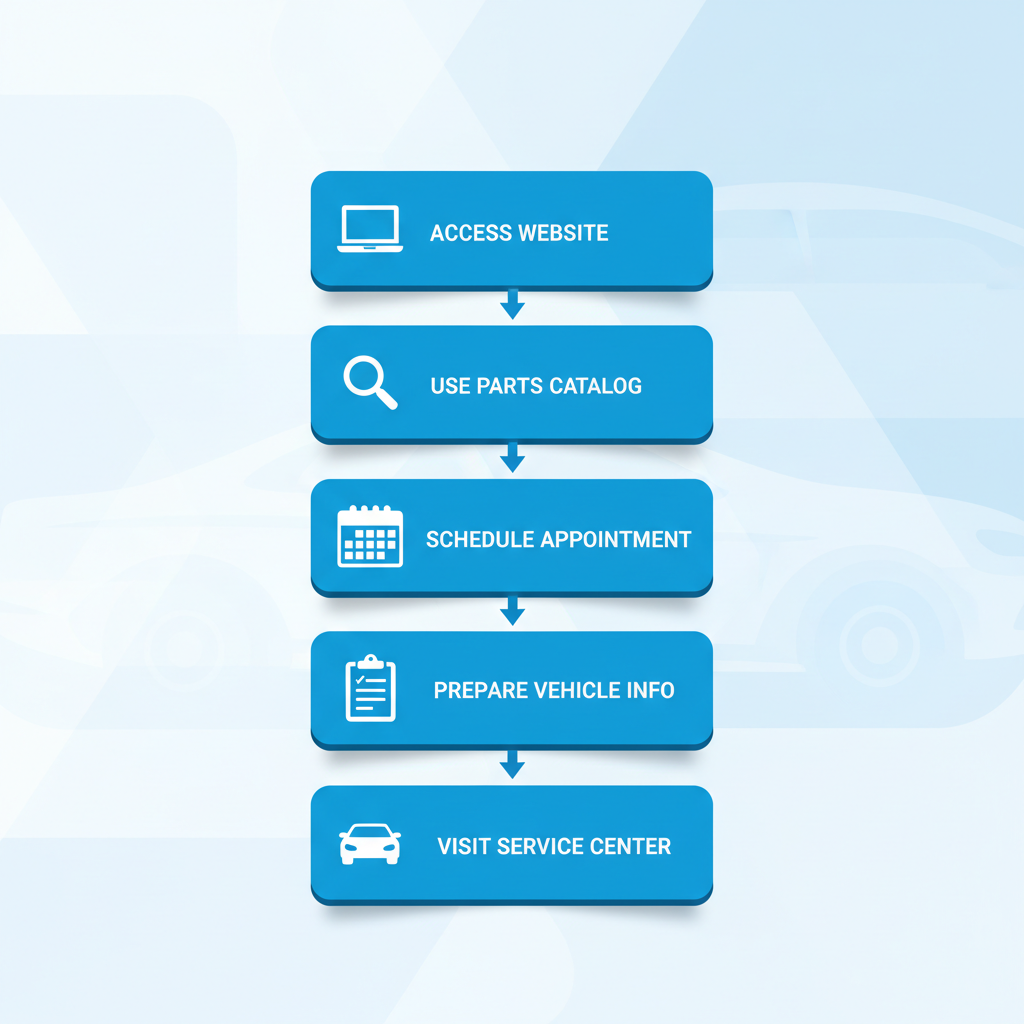 Vertical process flow diagram showing five steps to get started with Chevrolet services at Dave Gill Chevrolet, including accessing the website, using parts catalog, scheduling, preparing info, and visiting the service center.