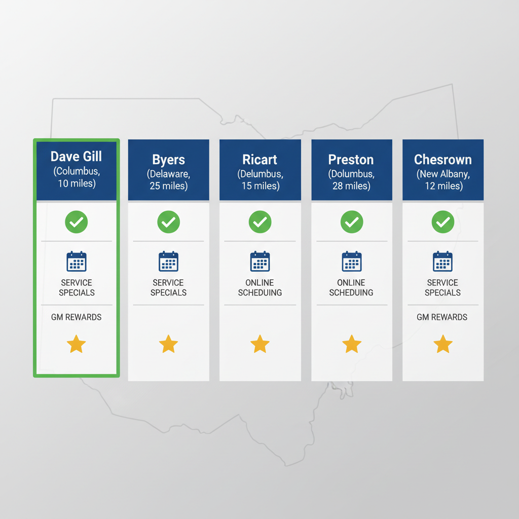Infographic showing comparison of Chevrolet dealers near Pickerington, Ohio, with distances and service features.