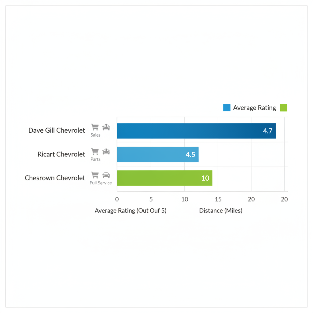 Horizontal bar chart comparing ratings and distances of top Chevy dealerships near Reynoldsburg, Ohio