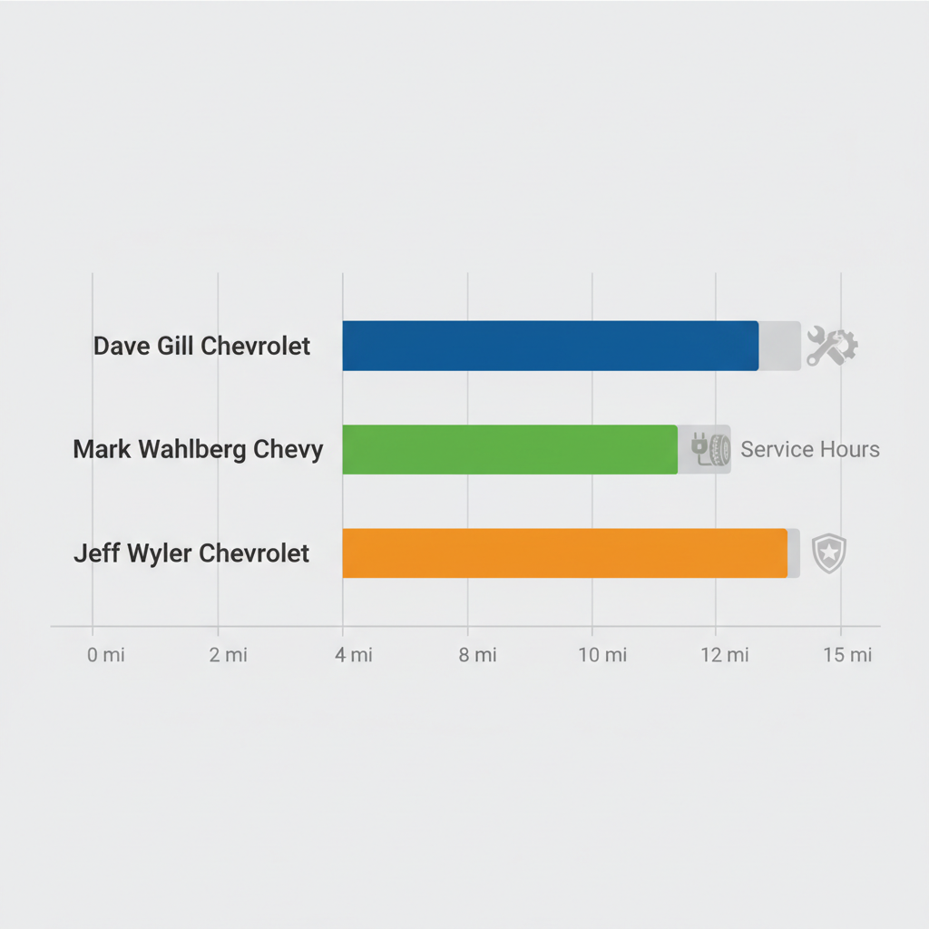 Horizontal bar chart comparing distances of Chevrolet dealers from OSU campus: Dave Gill Chevrolet at 5 miles in blue, Mark Wahlberg Chevy at 8 miles in green, Jeff Wyler Chevrolet at 12 miles in orange, with secondary service indicators
