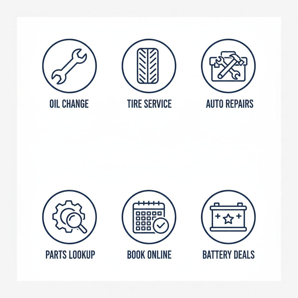 Grid of icons representing Chevrolet services: oil change, tire service, repairs, parts lookup, online scheduling, and battery specials.