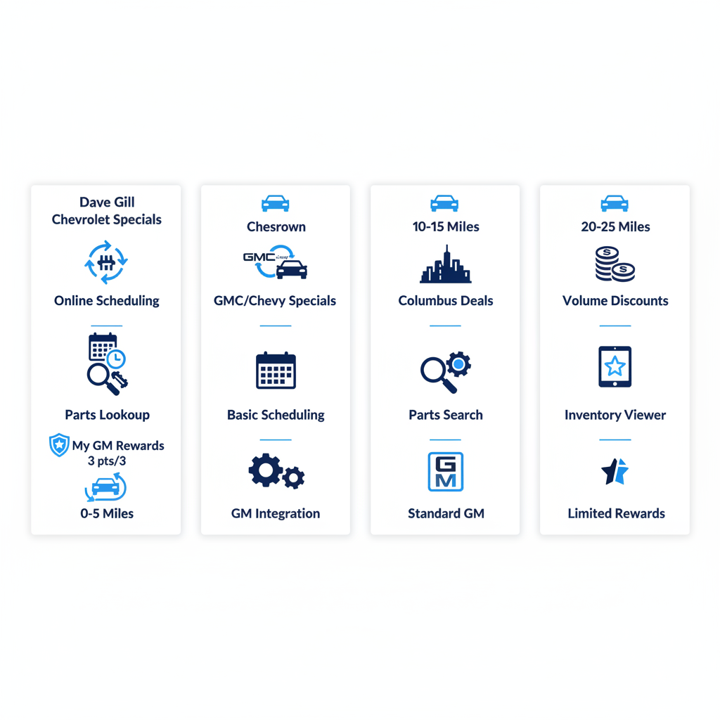 Infographic comparing four Chevrolet dealers near New Albany, Ohio, highlighting services and proximity