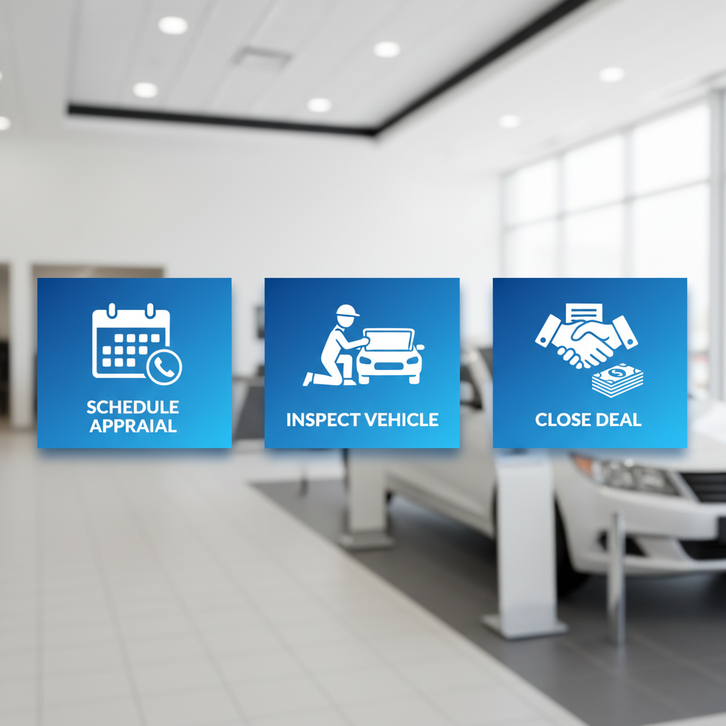 Horizontal process flow diagram illustrating the three stages of selling a vehicle at Dave Gill Chevrolet: scheduling appraisal, vehicle inspection and offer, closing and payment.