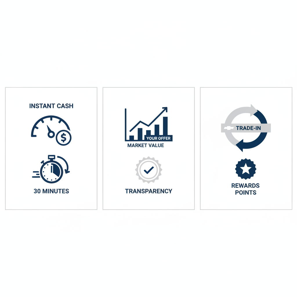 Infographic showing key benefits of selling your vehicle to Dave Gill Chevrolet, including instant cash offers, fair valuation, and trade-in options with icons.