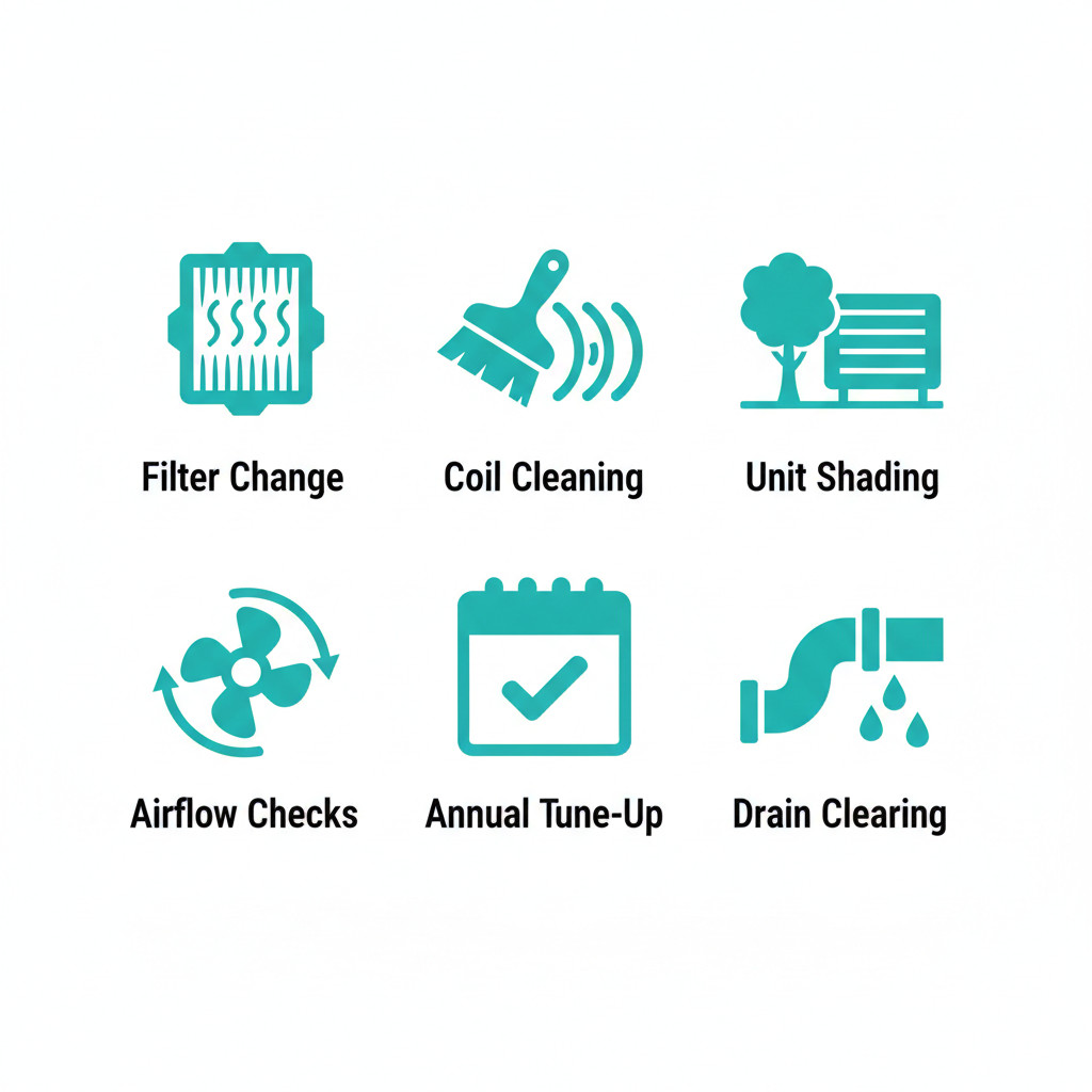 Grid of six icons showing AC maintenance tips: filter change, coil cleaning, outdoor shading, airflow checks, annual tune-up, and drain clearing for Wake County homes.