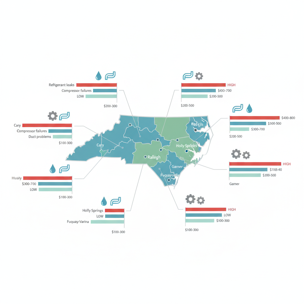 Infographic map of Wake County showing HVAC challenges in various areas including Cary with icons and frequency bars
