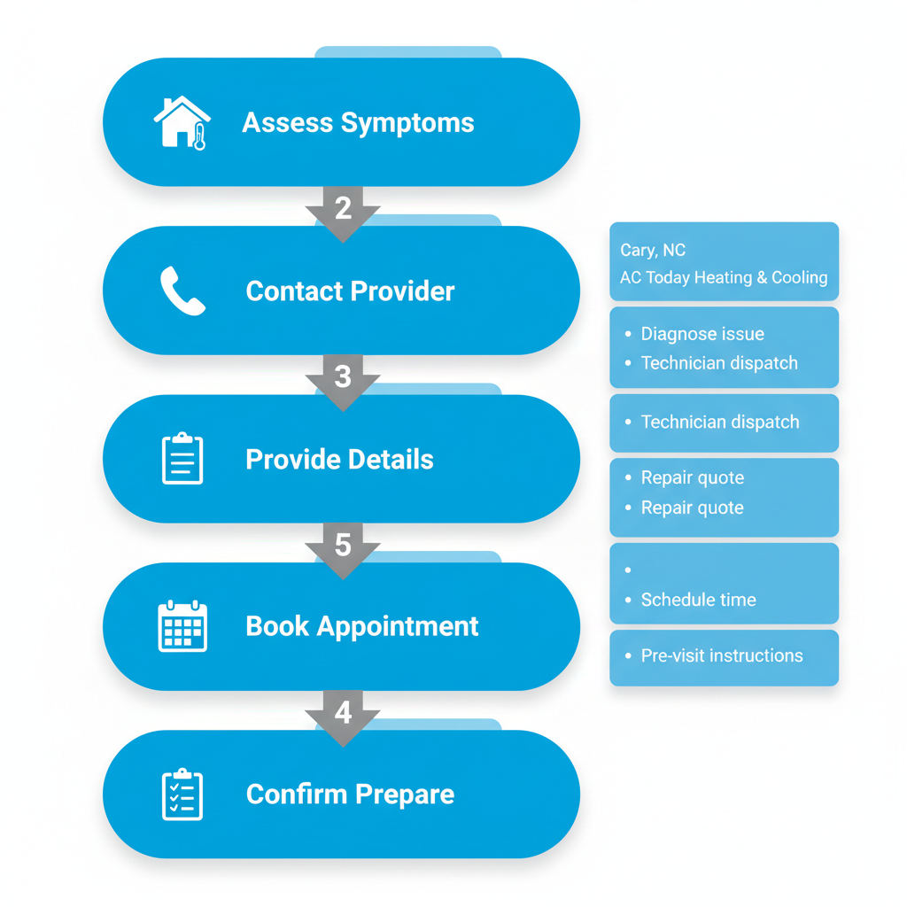 Vertical flowchart illustrating five steps to schedule AC repair in Cary