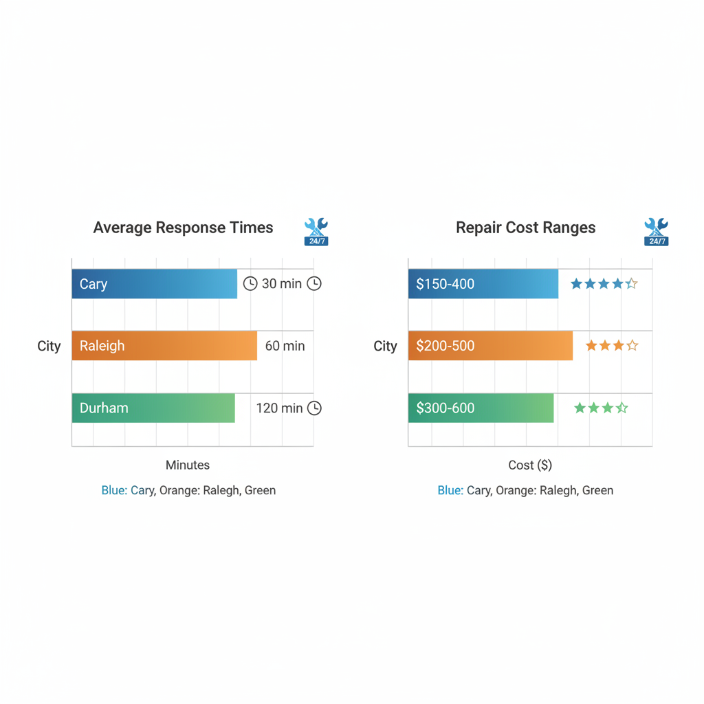 Bar charts comparing AC repair response times and costs across Cary, Raleigh, and Durham in Wake County