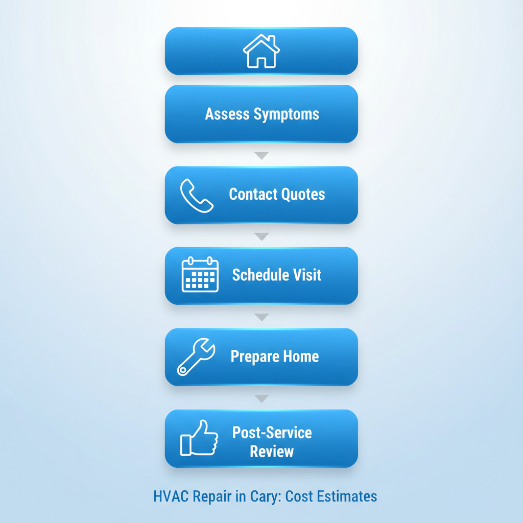 Vertical process flow diagram illustrating five steps to schedule HVAC repair in Cary with icons and connections.