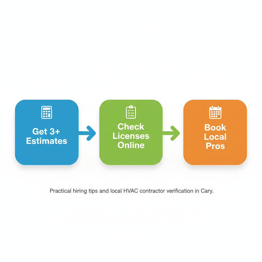 Horizontal process flow diagram illustrating three steps for hiring HVAC contractors: evaluating quotes with calculator, verifying credentials with checklist, and scheduling service with calendar.