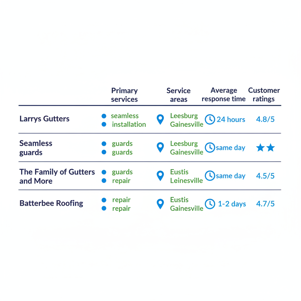 Infographic comparing top gutter companies in Eustis, Florida: services, areas, response times, and ratings