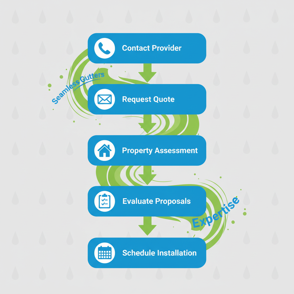 Vertical process flow diagram showing five steps to start Eustis gutter services with icons and minimal labels.