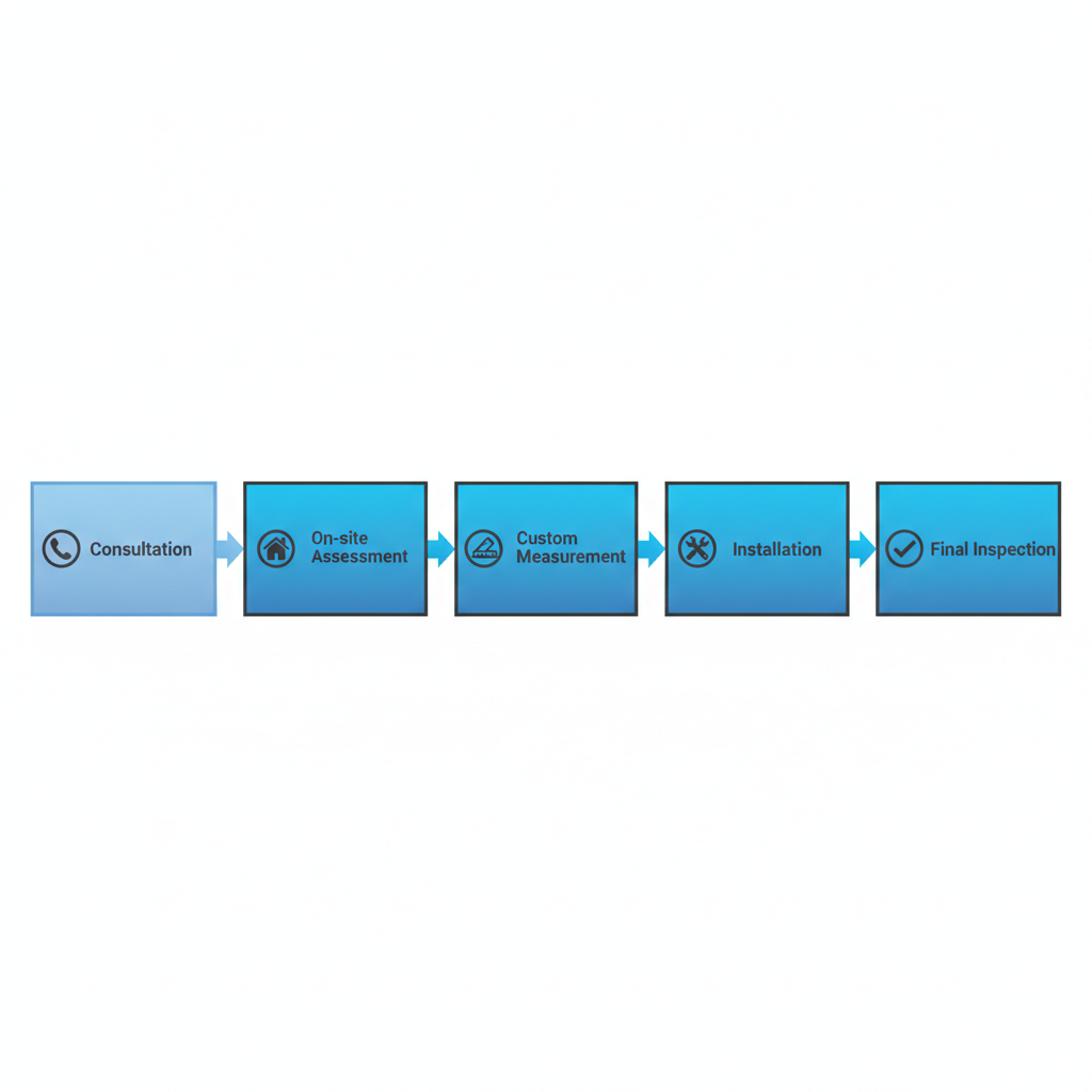 Horizontal process flow diagram showing five steps for seamless gutter installation in Ocala with icons: consultation, assessment, measurement, installation, and inspection