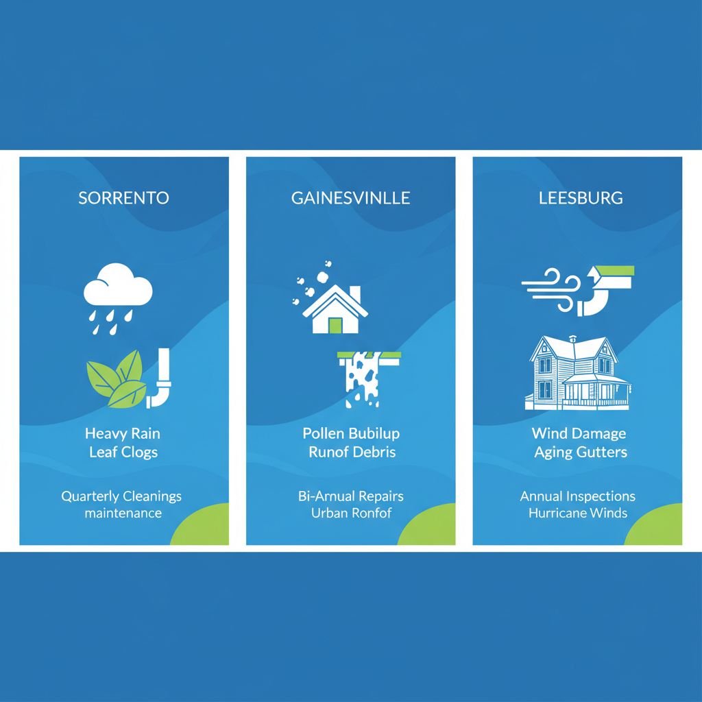 Infographic showing gutter maintenance challenges in Sorrento, Gainesville, and Leesburg with icons and frequency labels.