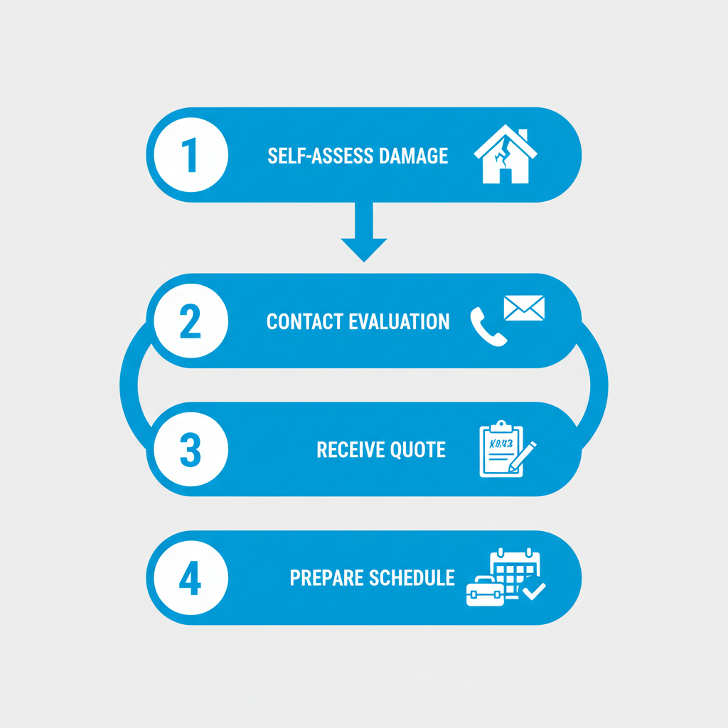 Vertical process flow diagram illustrating four steps to start gutter services in Sorrento: self-assess damage, contact for evaluation, receive quote, and prepare site for service.