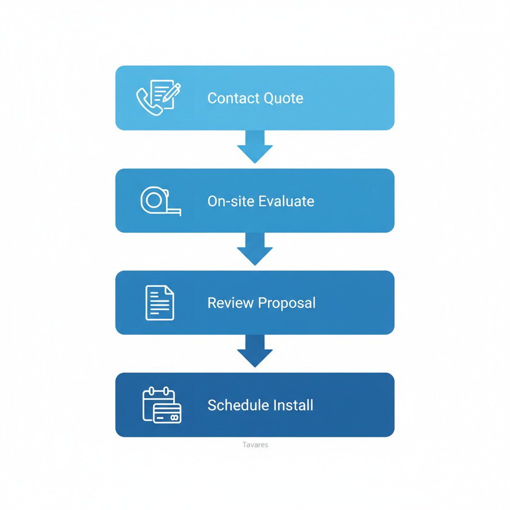 Vertical process flow diagram illustrating five steps for gutter installation in Tavares, including contact, evaluation, proposal review, financing, and scheduling.