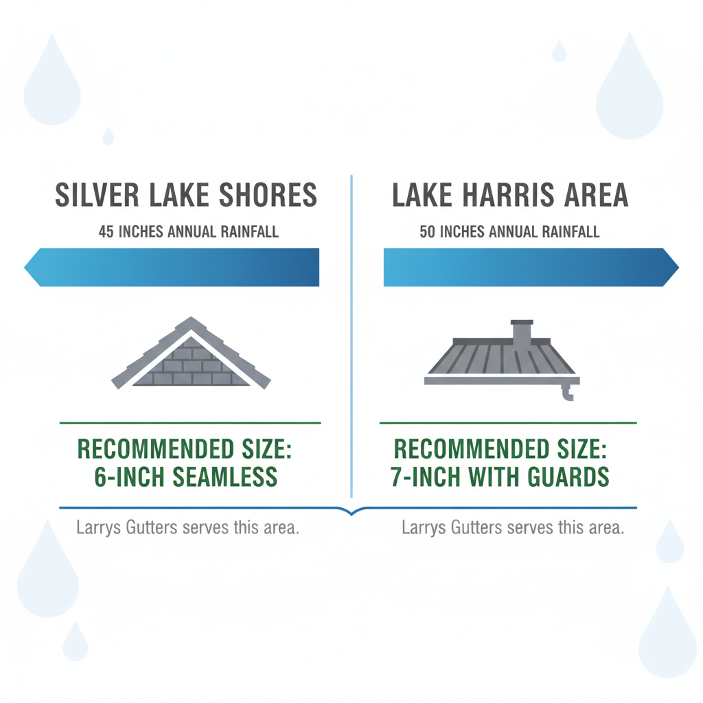 Infographic comparing annual rainfall, roof types, and recommended gutter sizes for Silver Lake Shores and Lake Harris Area in Tavares, Florida