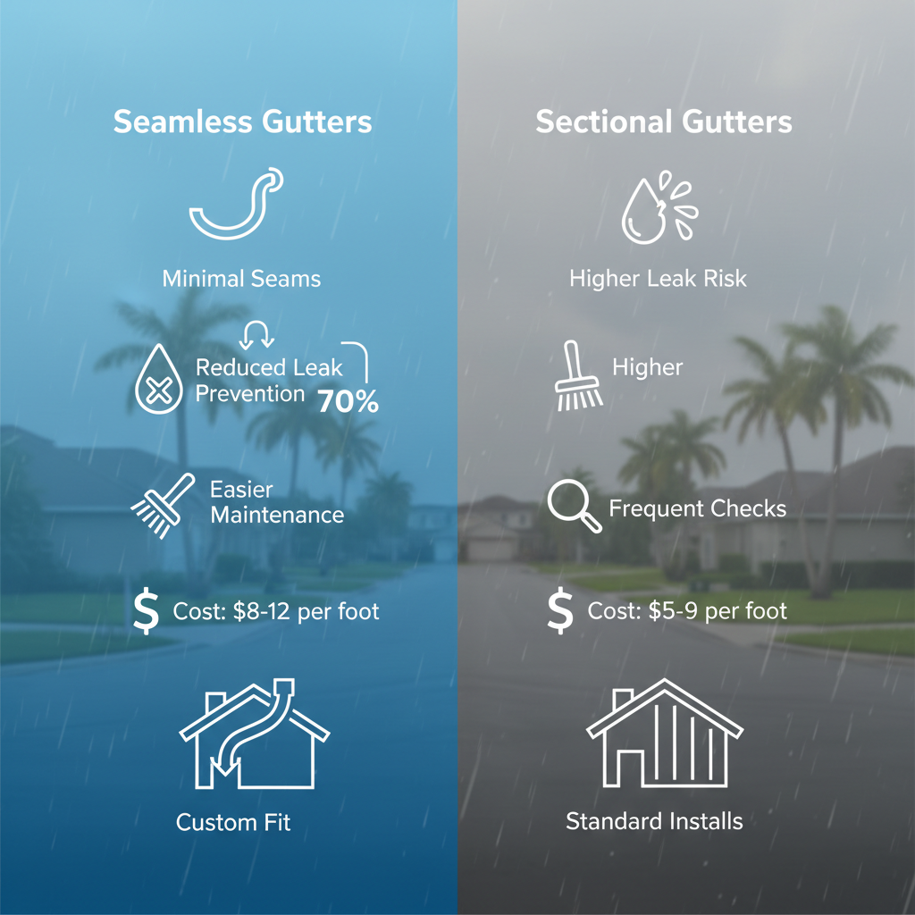 Infographic comparing seamless versus sectional gutters for Minneola homes, highlighting leak prevention, maintenance, costs, and fit with icons.