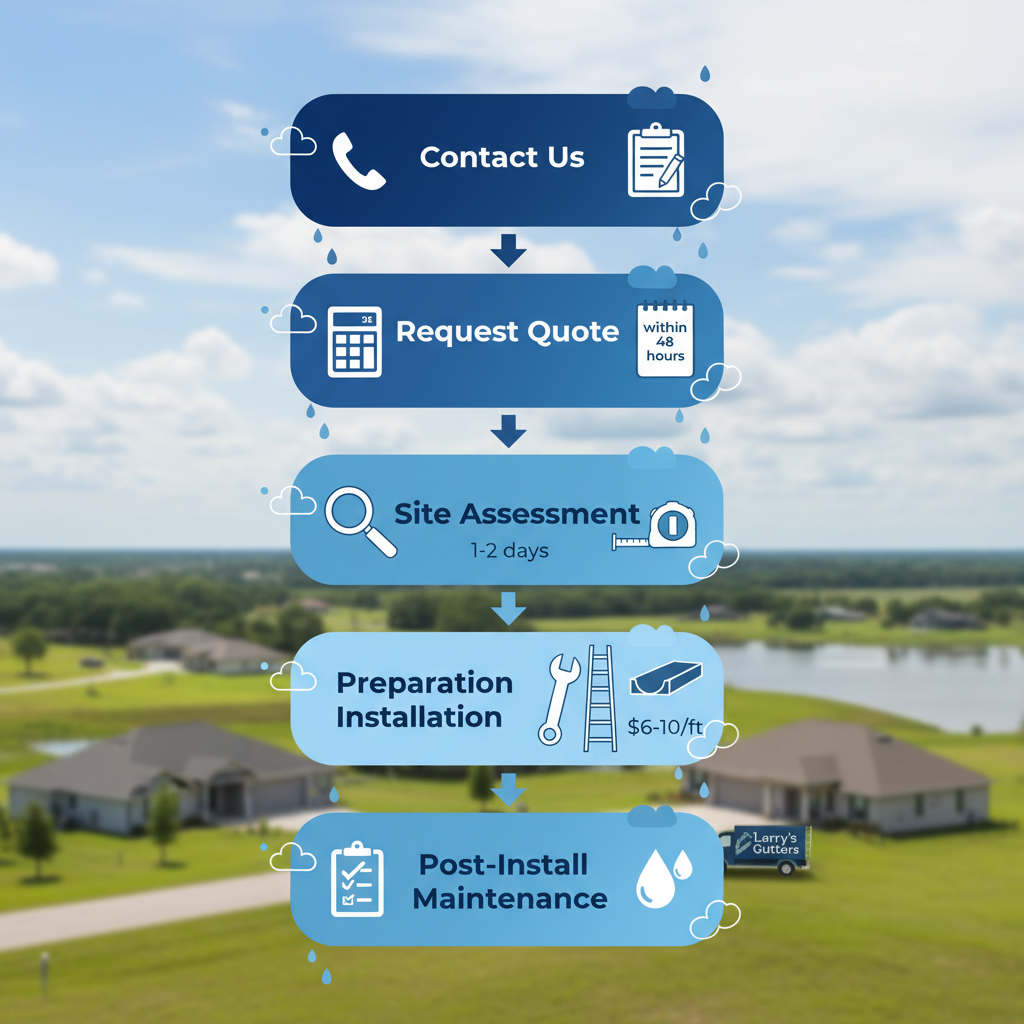 Vertical process flow diagram showing five steps to start a gutter project in Minneola: contact, quote, assessment, installation, and maintenance.