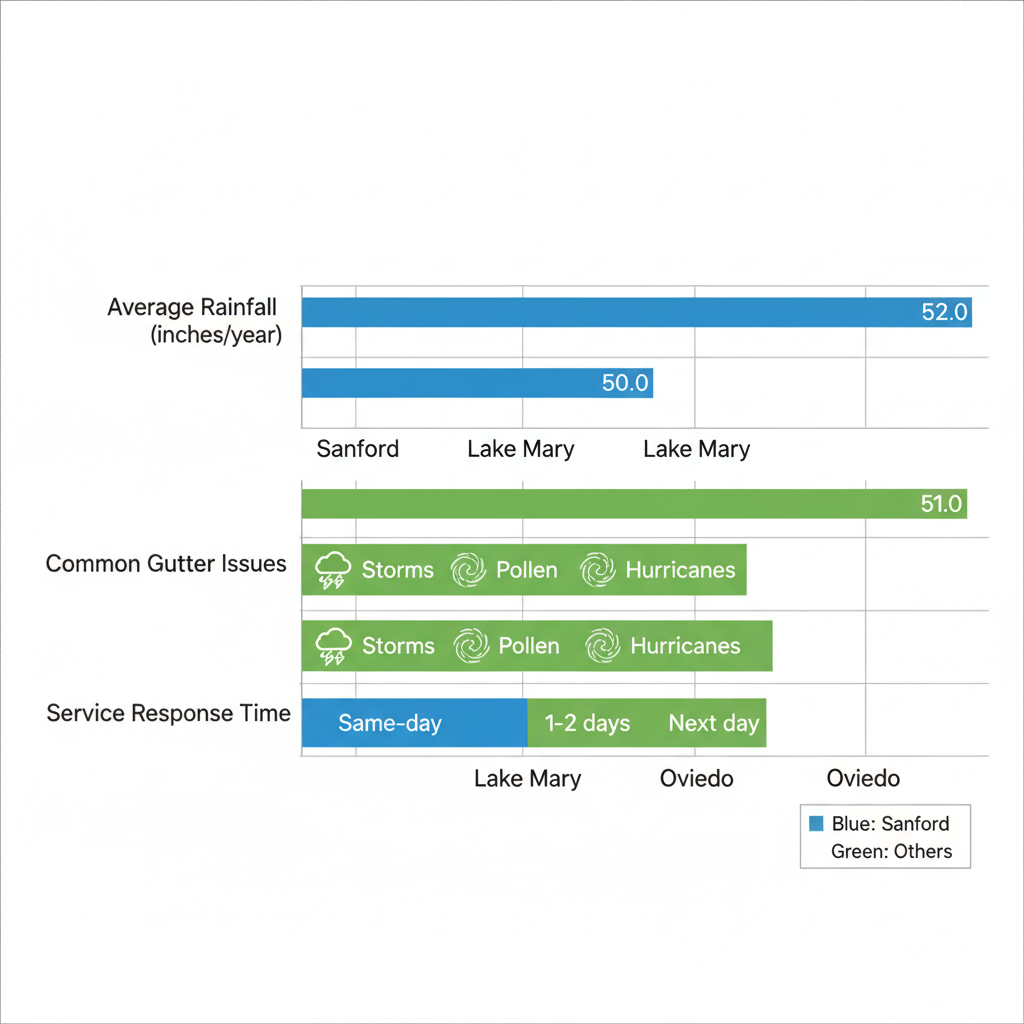 Horizontal bar chart comparing average rainfall, common gutter issues, and service response times in Sanford, Lake Mary, and Oviedo, Florida