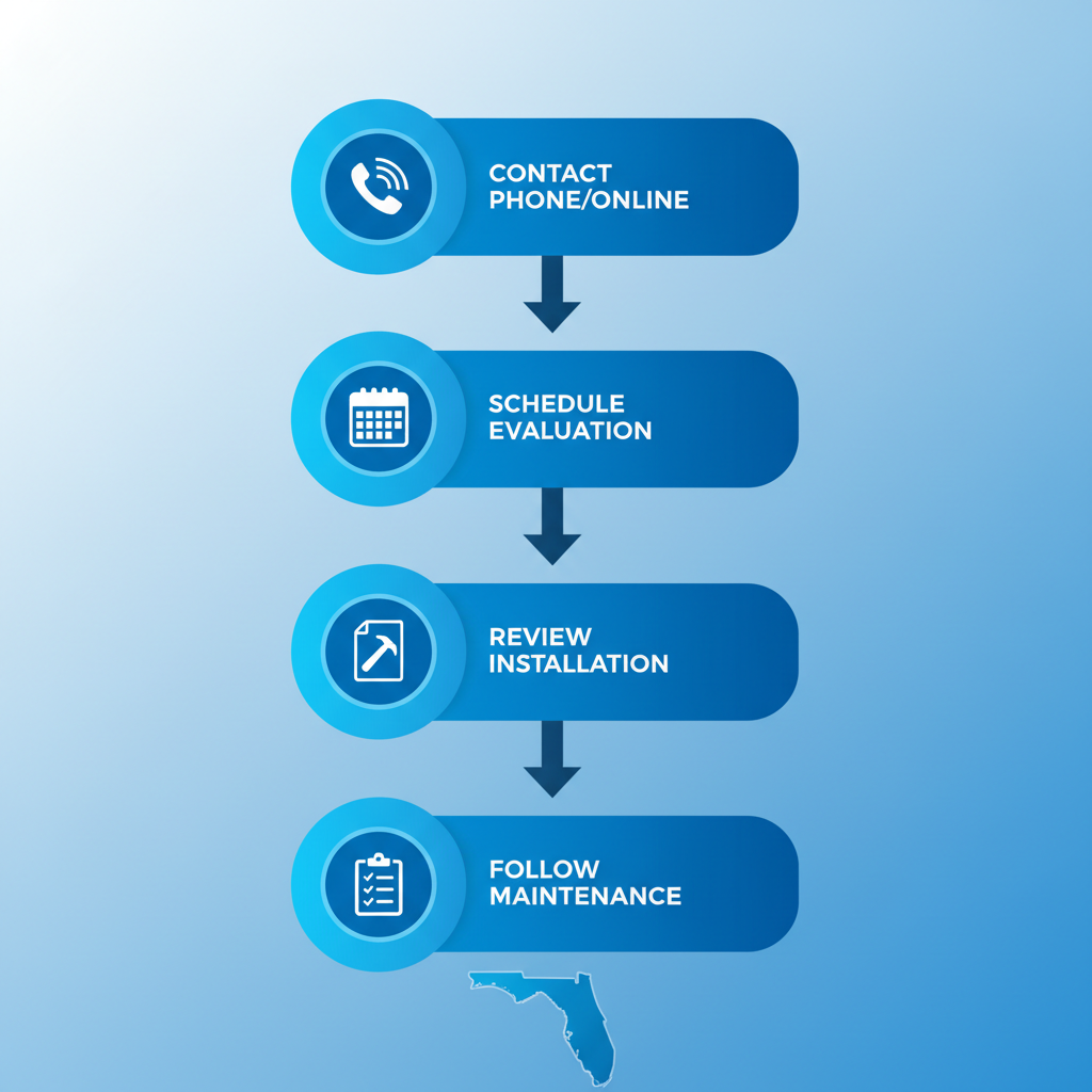 Vertical process flow diagram illustrating five steps to hire a gutter professional in Groveland, Florida
