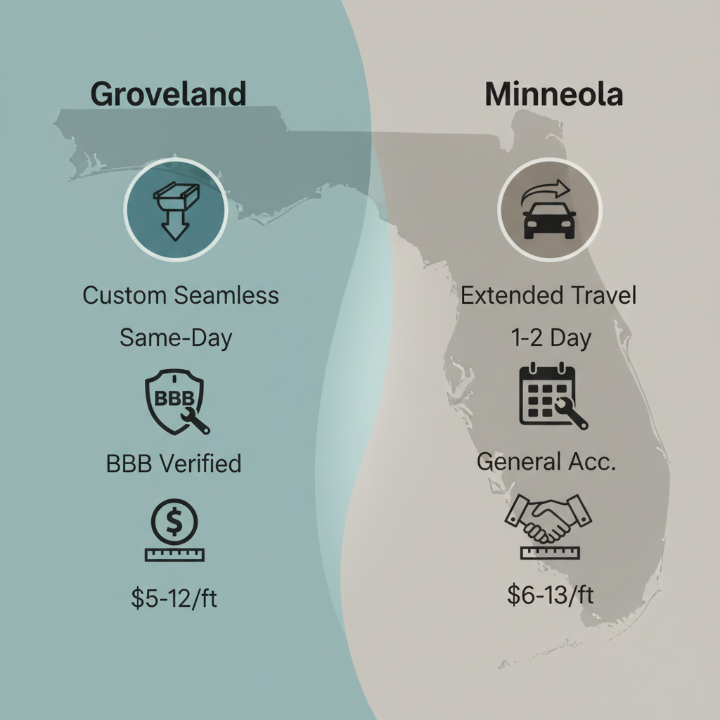 Infographic comparing professional gutter services in Groveland and Minneola, Florida, highlighting local advantages and cost differences