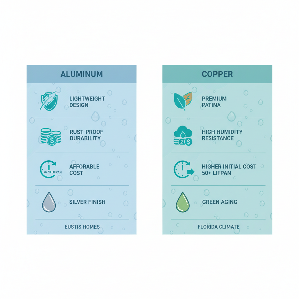Infographic comparing aluminum and copper gutters, highlighting durability, cost, and lifespan for Eustis homes in humid climate