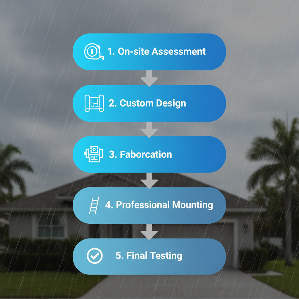 Vertical process flow diagram illustrating the five steps of seamless gutter installation in Eustis, featuring icons for assessment, design, fabrication, mounting, and testing.