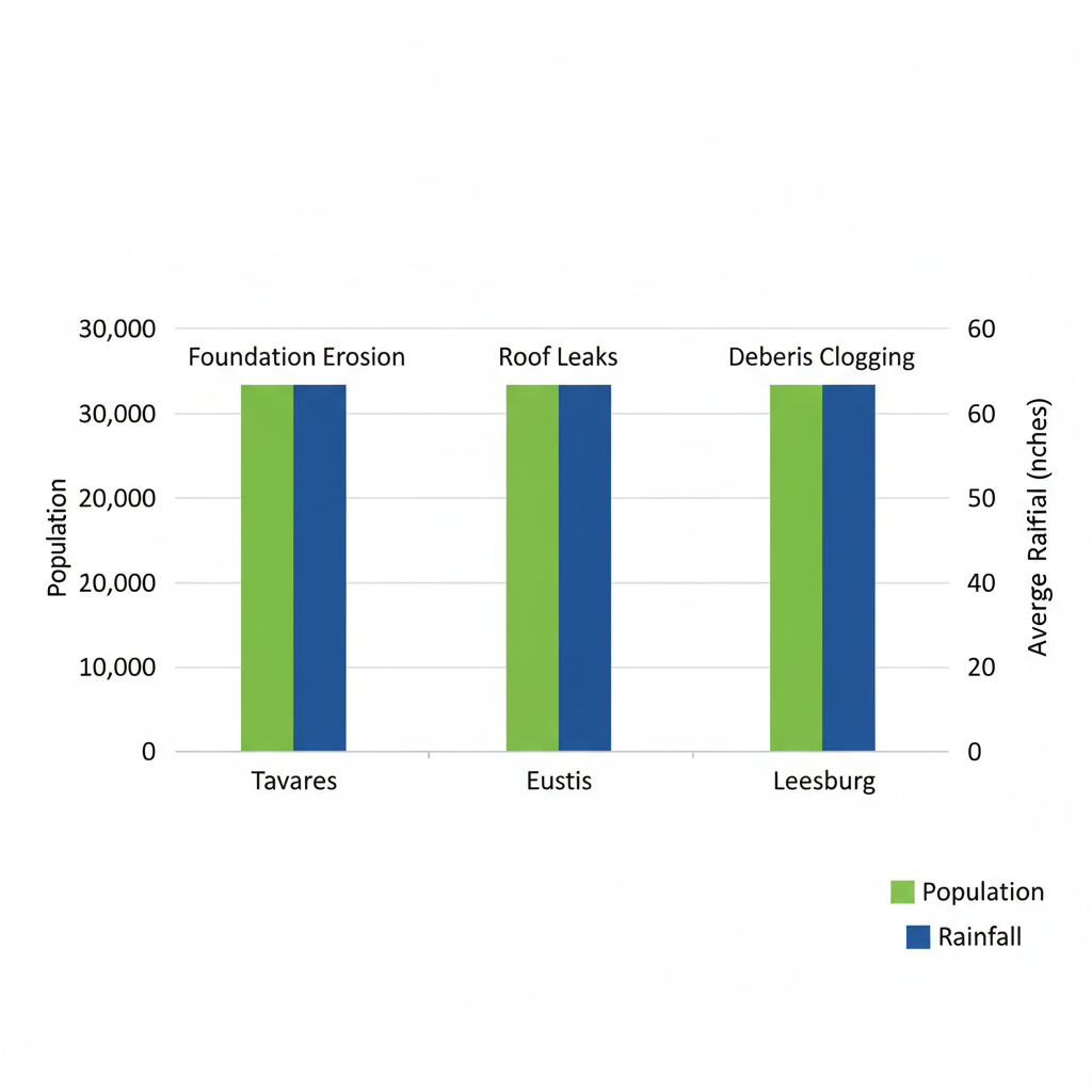 Bar chart comparing population and annual rainfall metrics for gutter service areas Tavares, Eustis, and Leesburg in Central Florida