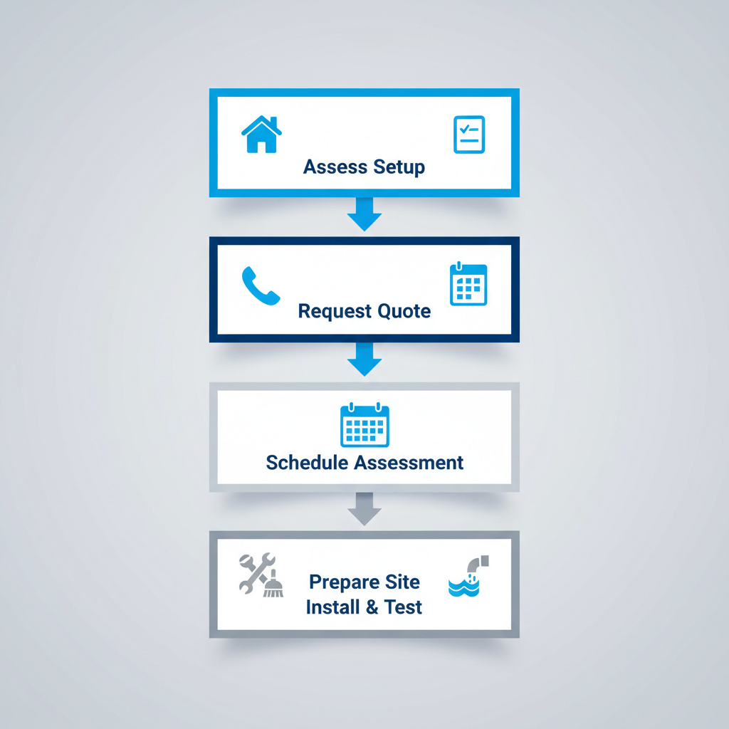 Vertical process flow diagram illustrating the five steps for seamless gutter installation in Tavares, Florida
