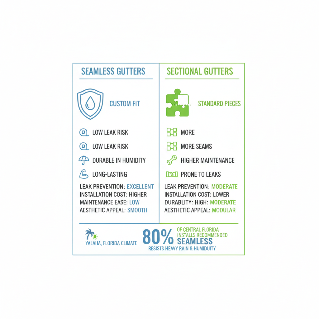 Infographic comparing seamless and sectional gutters for homes in Yalaha, Florida, highlighting benefits and stats.