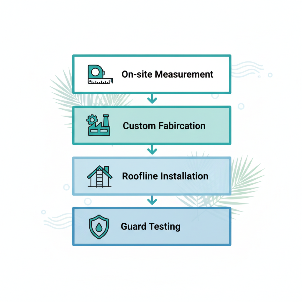 Diagram illustrating the four-step process for seamless gutter installation in Yalaha, Florida: on-site measurement, custom fabrication, roofline installation, and guard addition with testing.