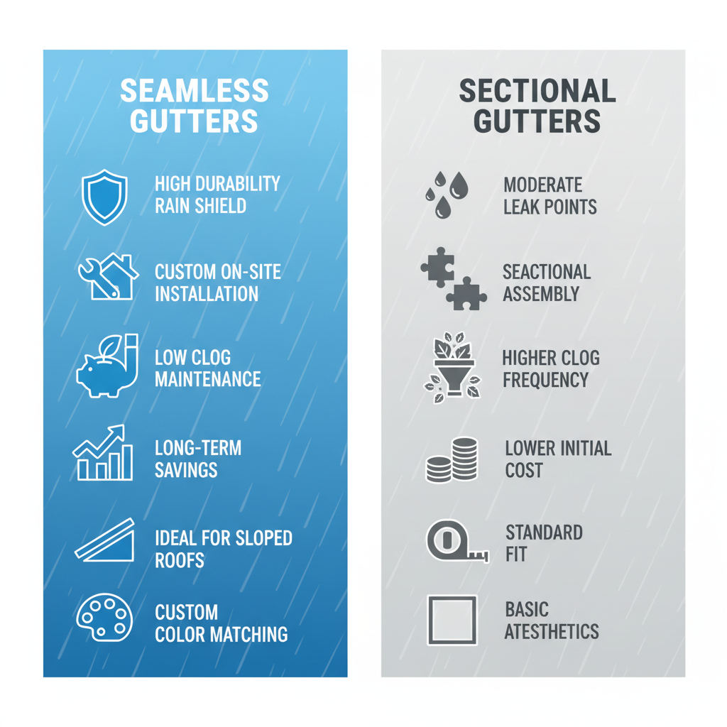 Infographic comparison of seamless versus sectional gutters benefits for Eustis homes