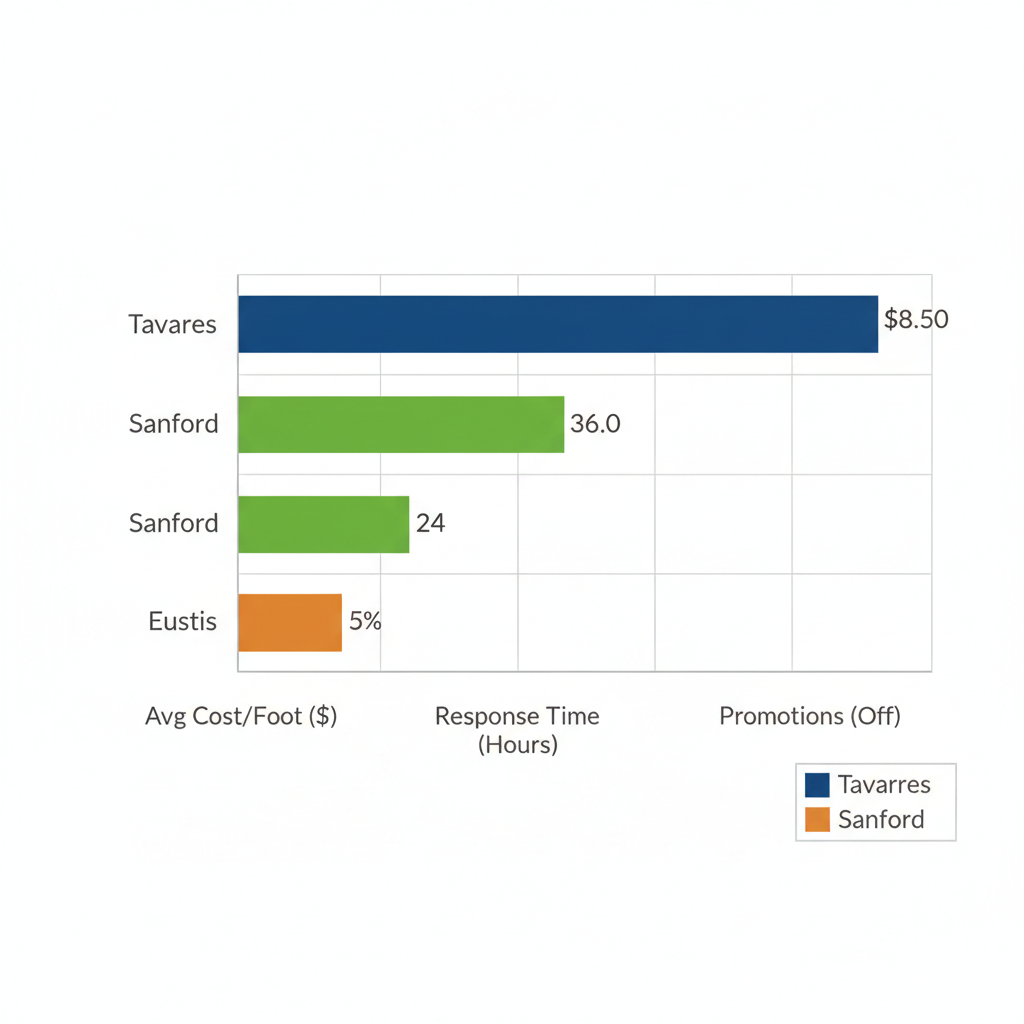 Horizontal bar chart comparing key gutter service metrics across Tavares, Sanford, and Eustis in Central Florida
