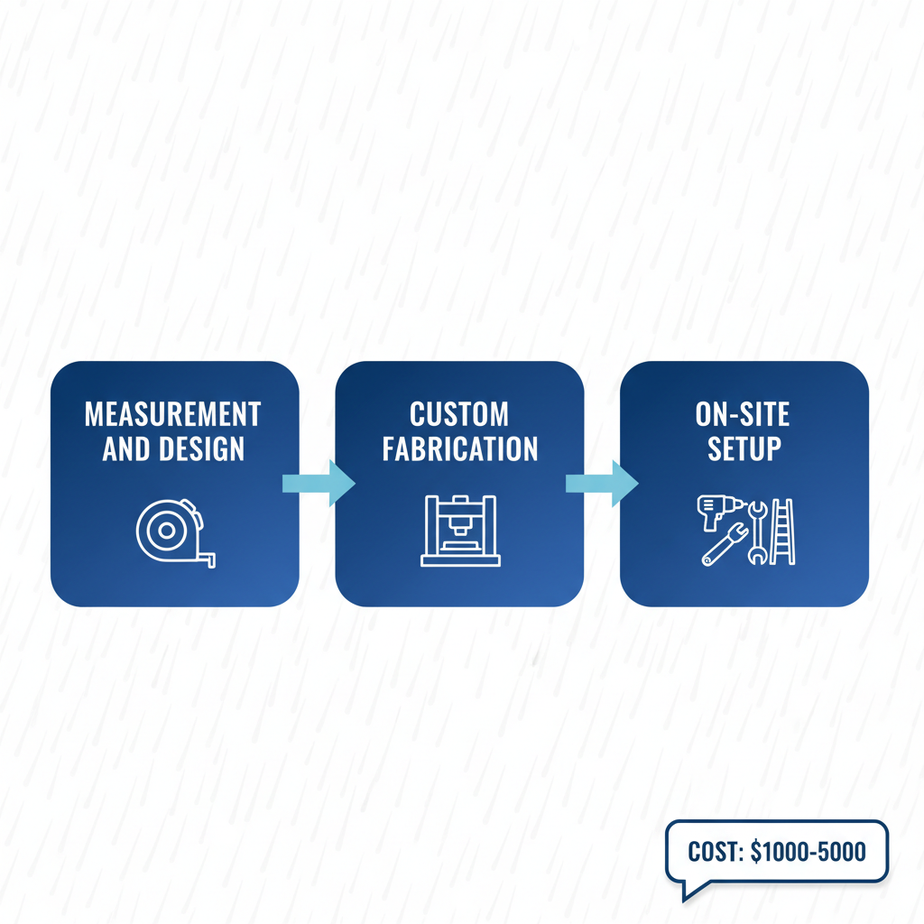 Horizontal process flow diagram of three steps for seamless gutter installation in Yalaha, Florida, including measurement, fabrication, and setup with icons and minimal labels.