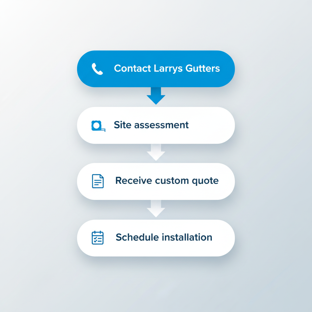 Vertical process flow diagram showing five steps to start a gutter project in Eustis with Larry's Gutters, including icons for contact, assessment, quote, scheduling, and preparation.