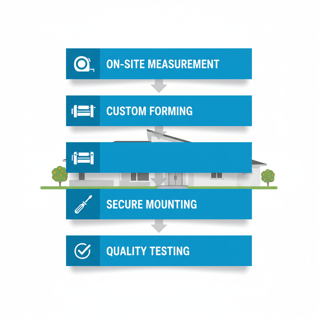 Accessibility diagram of four-step seamless gutter installation process: on-site measurement, custom aluminum forming, secure mounting, and quality testing with gutter guards.