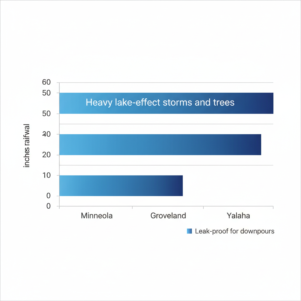 Bar chart comparing average annual rainfall in Minneola, Groveland, and Yalaha, Florida, for understanding gutter needs.