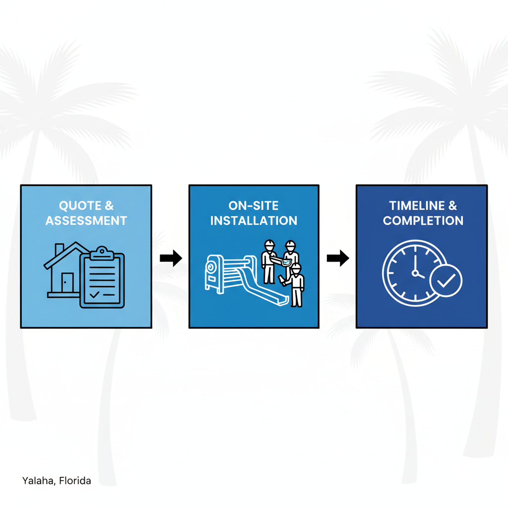 Horizontal process flow diagram illustrating three stages of seamless gutter installation: quote and assessment, on-site installation, and timeline and completion in Yalaha, Florida.