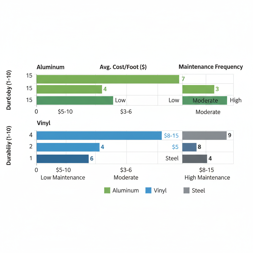 Horizontal bar chart comparing aluminum, vinyl, and steel gutter materials by durability, cost, and maintenance for Minneola homes.