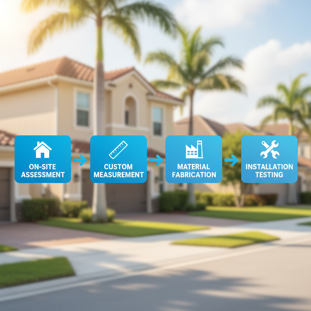 Horizontal process flow diagram illustrating the four steps of seamless gutter installation services in Minneola, Florida.