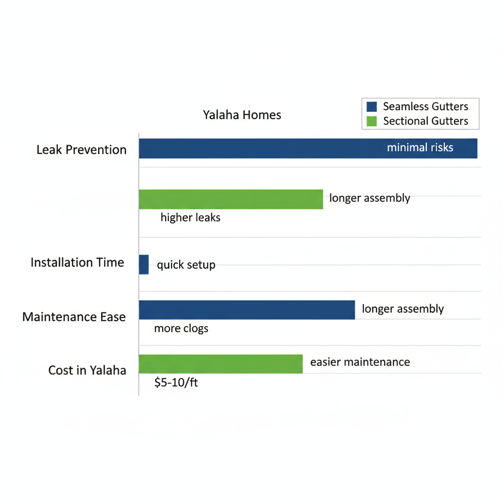 Horizontal bar chart comparing seamless and sectional gutters in Yalaha, Florida, highlighting leak prevention, installation time, maintenance ease, and costs.