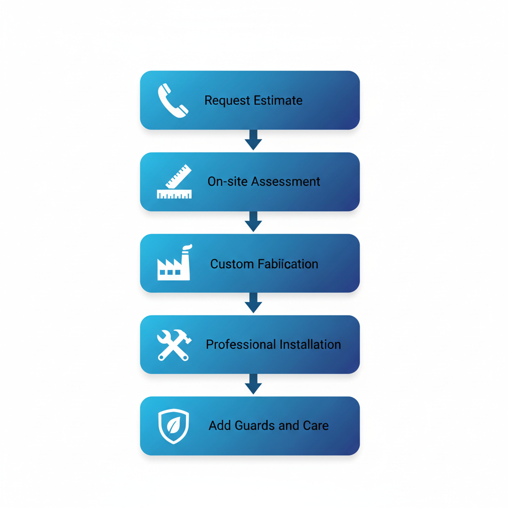 Vertical process flow diagram illustrating five steps for seamless gutter installation in Yalaha, Florida: request estimate, on-site assessment, custom fabrication, professional installation, and add guards with post-install care.