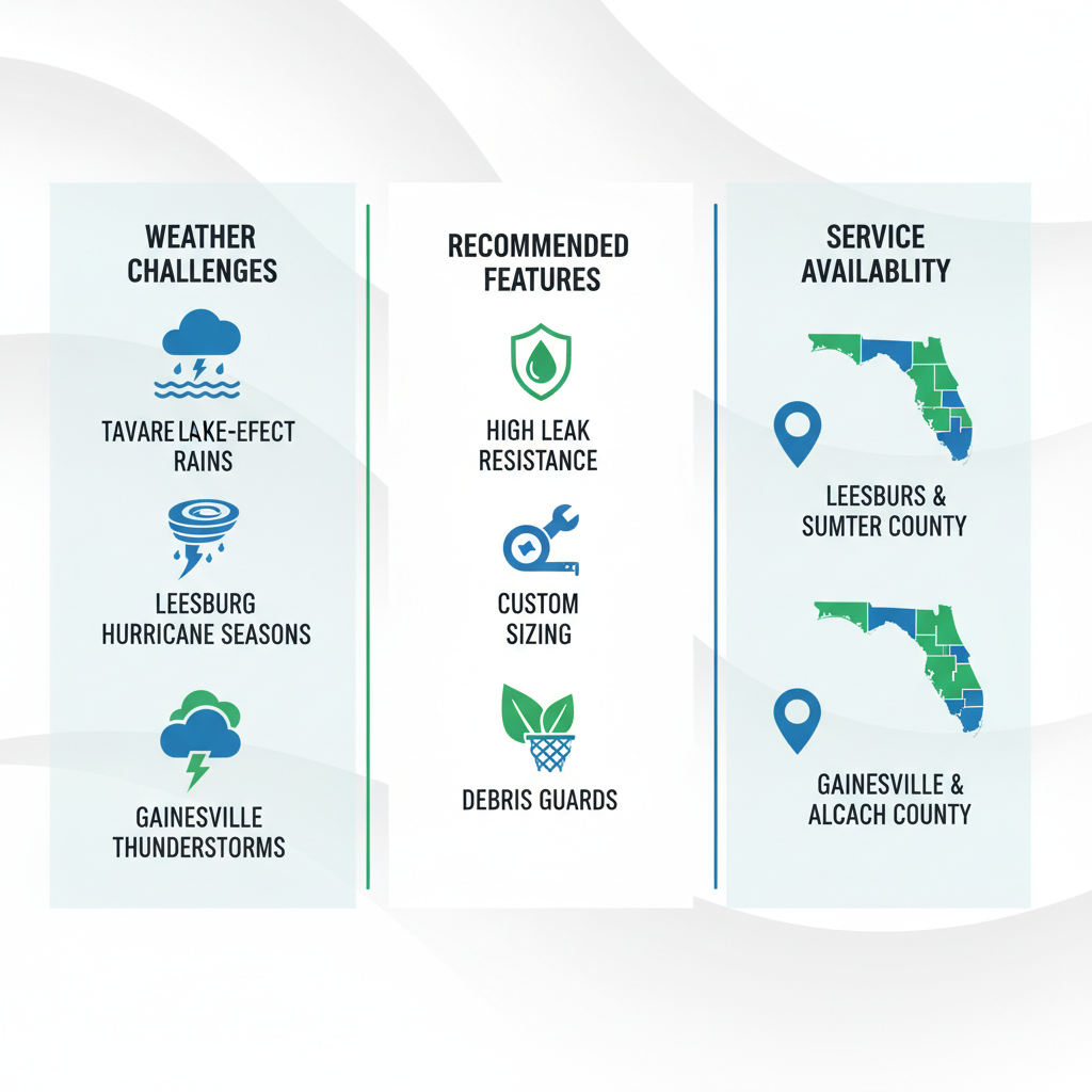 Infographic comparing gutter system demands and solutions for Tavares, Leesburg, and Gainesville areas.