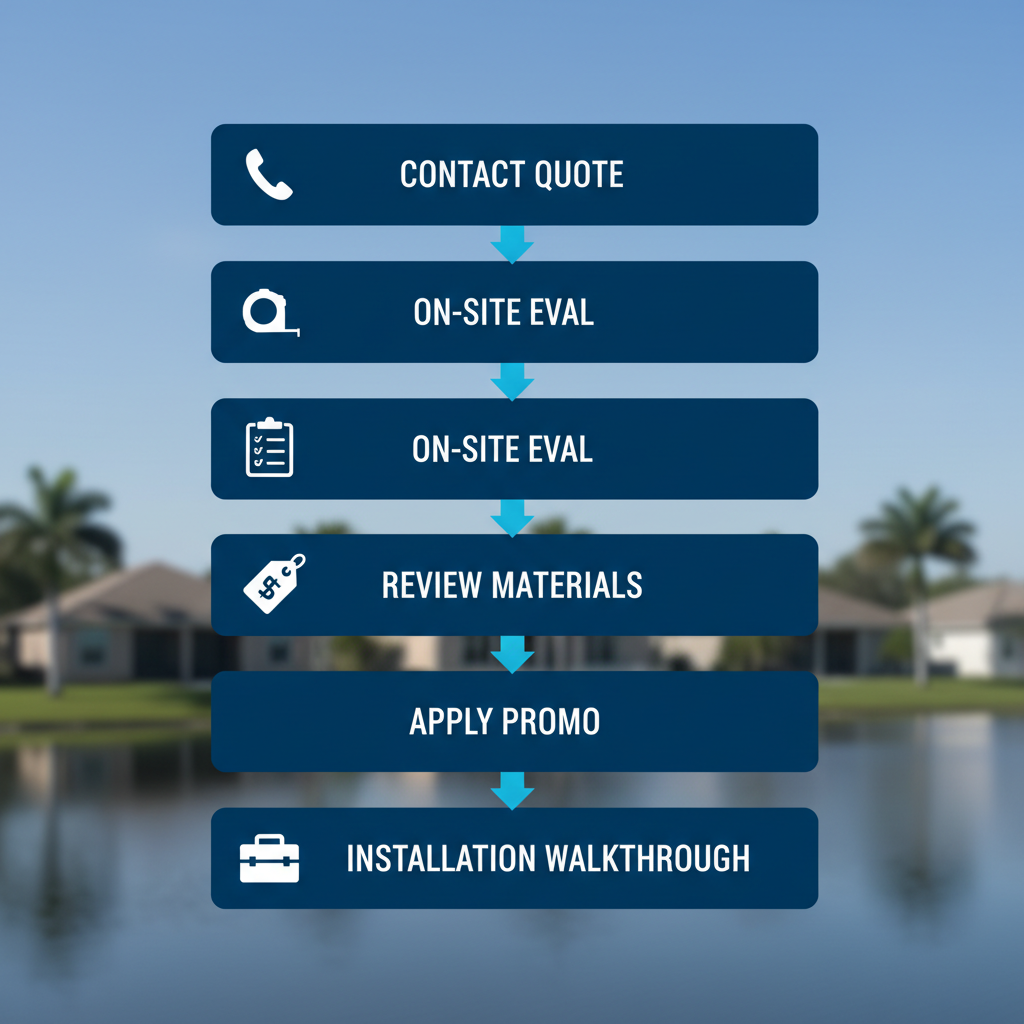Vertical process flow illustrating five steps for seamless gutter installation in Tavares with icons and minimal labels