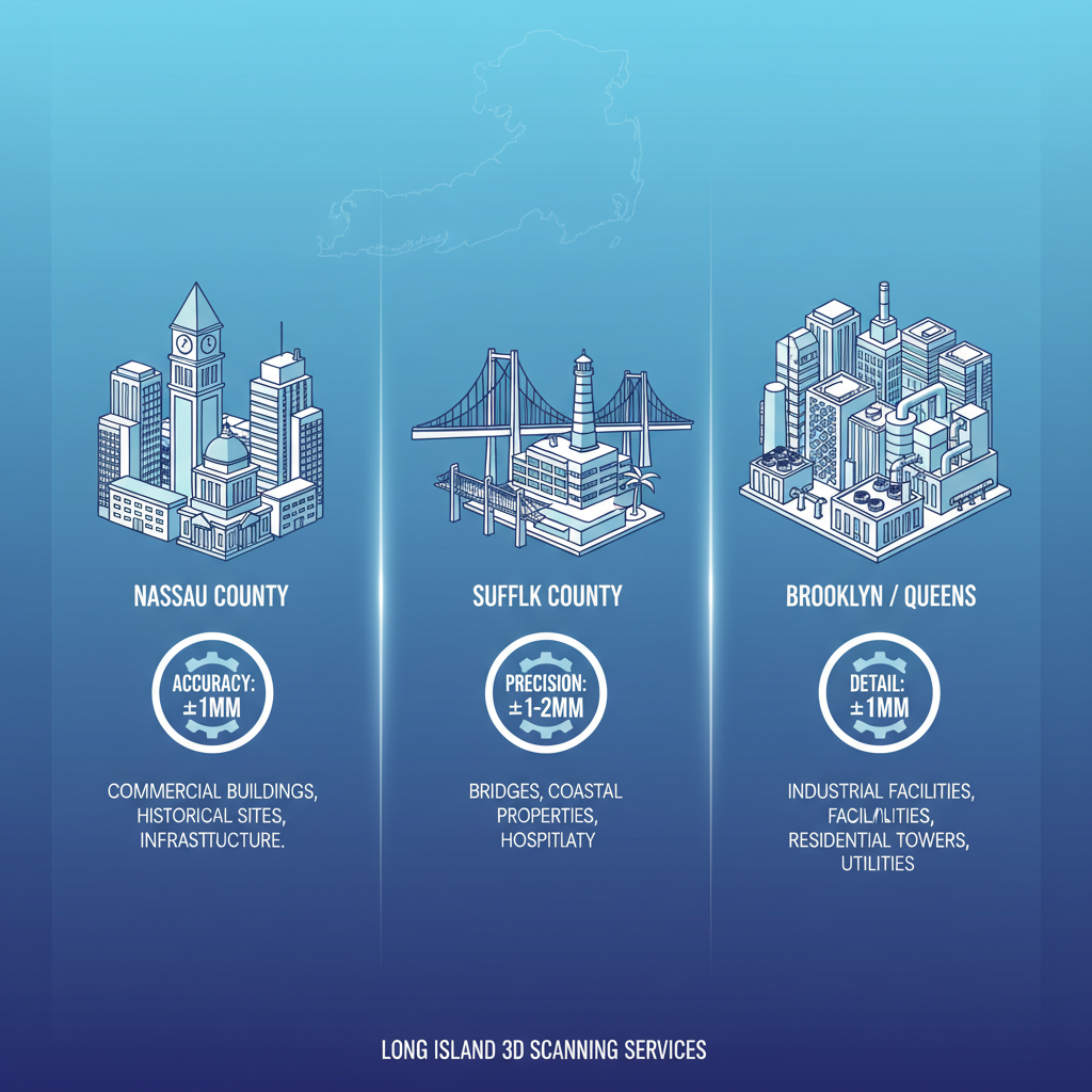 Infographic comparing 3D laser scanning services in Nassau County, Suffolk County, and Brooklyn/Queens areas of Long Island with accuracy badges and regional icons.
